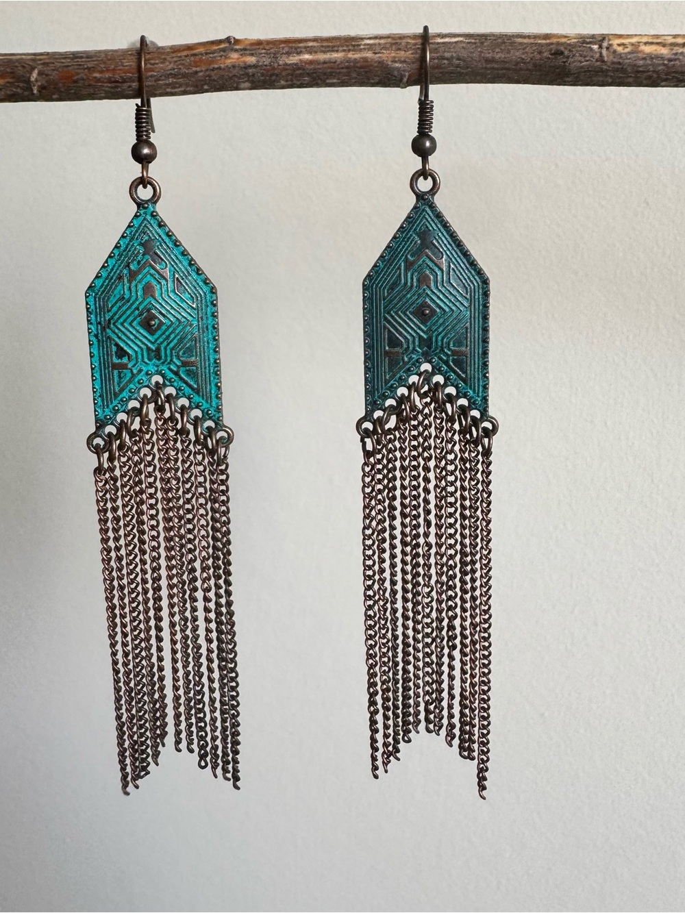 Boho Turquoise Patina Fringe Dangle Earrings Geometric Tribal Style